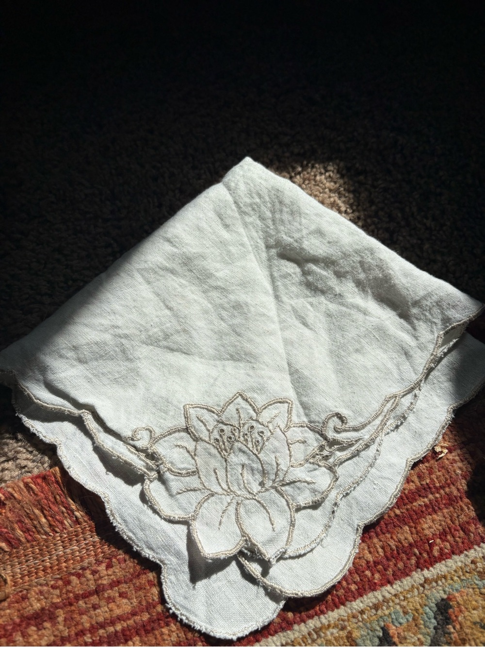 Vintage White Lotus Embroidered Linen Handkerchief/Napkin